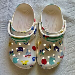 CROCS Kids White Clogs with Colorful Cartoon Rainbows & Characters